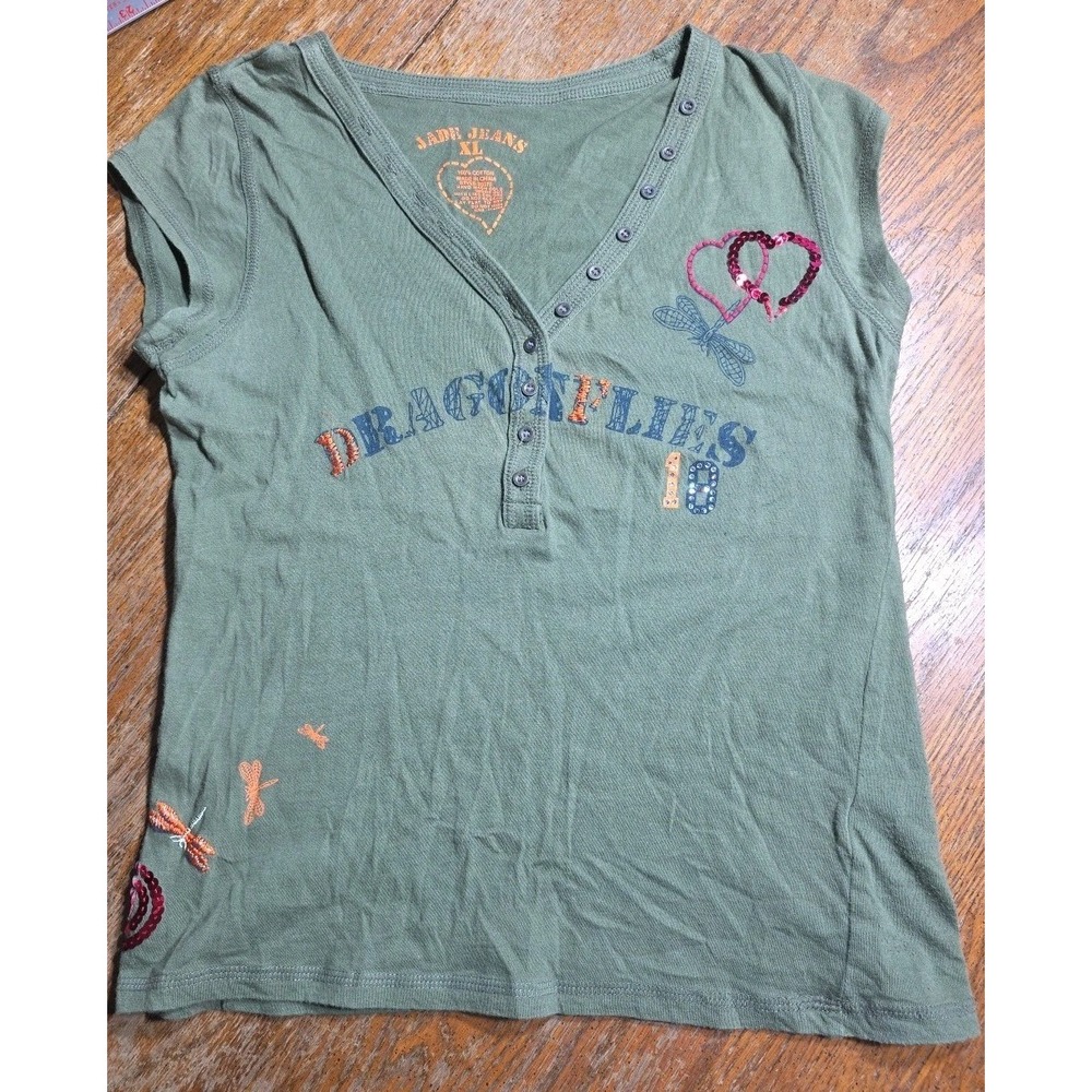 Vtg Y2K Jade Jeans Henley Baby T-shirt Womans Jrs XL Green Army Dragon Fly Bella